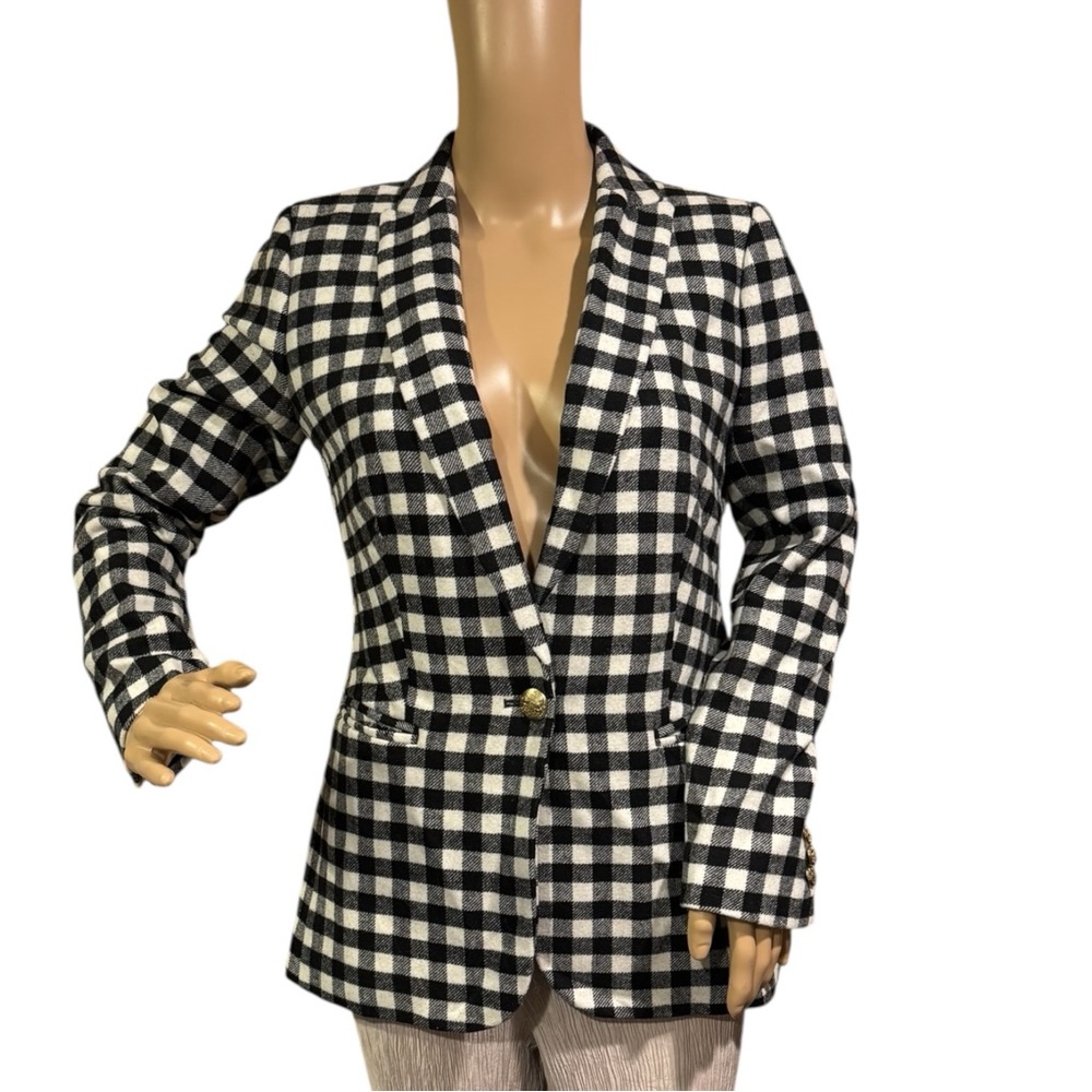 J. Crew Blazer Womens Sz 0 Wool-blend 1 button Jacket Buffalo Check Black White